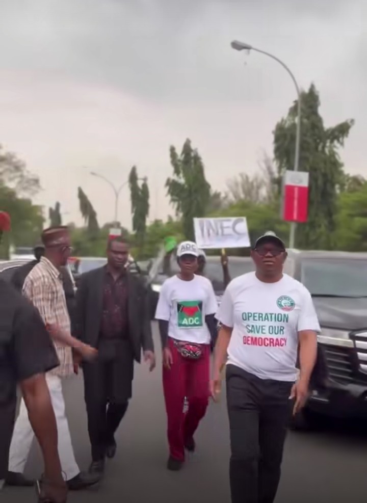Abuja erupts: ‘Save Democracy’ protest rocks INEC headquarters as opposition heavyweights mobilise
